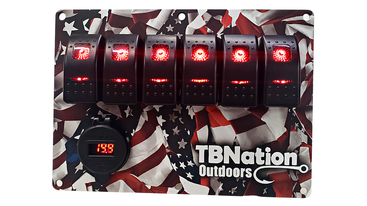TBNation 6-gang rocker switch panel with American flag hydro-dipped aluminum plate and red LED switches.