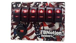 TBNation 6-gang rocker switch panel with American flag hydro-dipped aluminum plate and red LED switches.