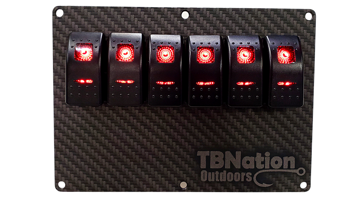 TBNation 6-gang carbon fiber hydro-dipped aluminum switch panel with six red illuminated rocker switches.