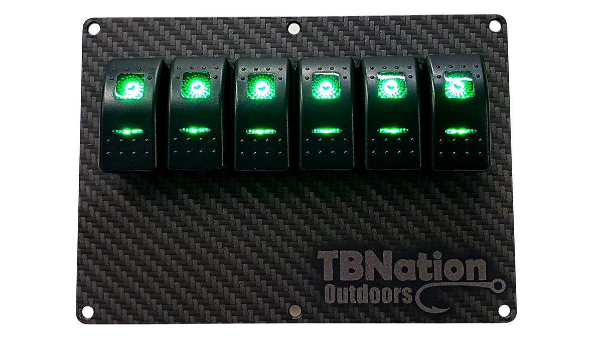 TBNation 6-gang carbon fiber hydro-dipped aluminum switch panel with six green LED rocker switches.