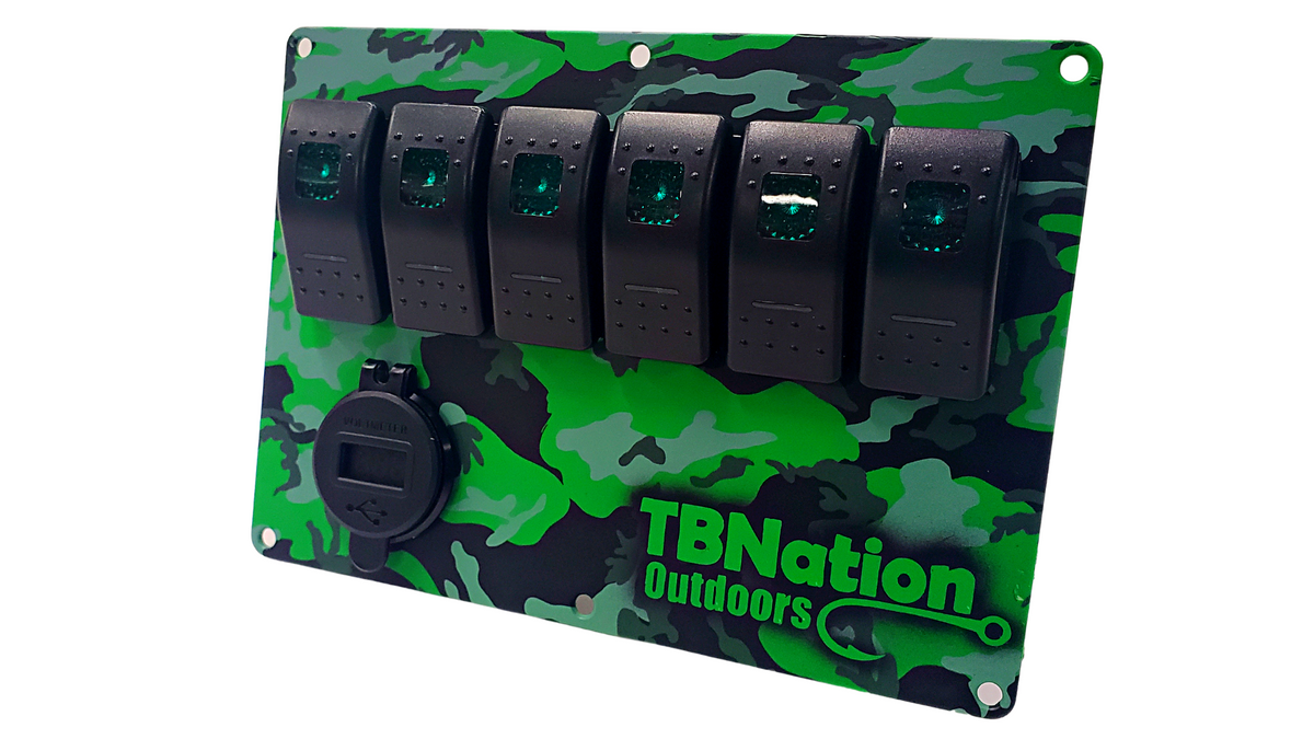 TBNation 6-gang rocker switch panel with green camo hydro-dipped aluminum plate and USB charger.