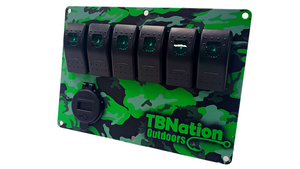 TBNation 6-gang rocker switch panel with green camo hydro-dipped aluminum plate and USB charger.