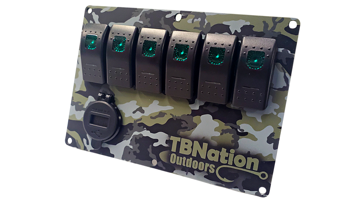 TBNation 6-gang rocker switch panel with green camouflage hydro-dipped aluminum plate and USB port.