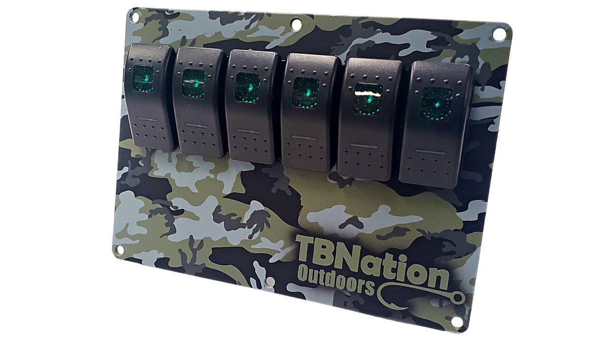 TBNation 6-gang rocker switch panel with green camouflage hydro-dipped aluminum plate and six black switches.