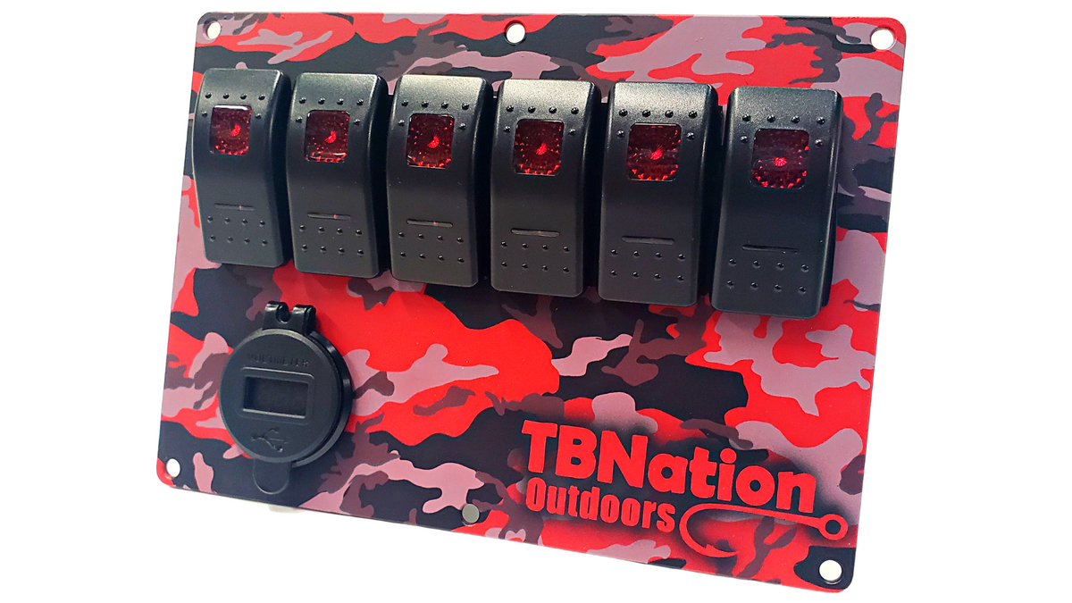 TBNation 6-gang rocker switch panel with red camouflage hydro-dipped aluminum plate and USB port.