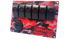 TBNation 6-gang rocker switch panel with red camouflage hydro-dipped aluminum plate and USB port.