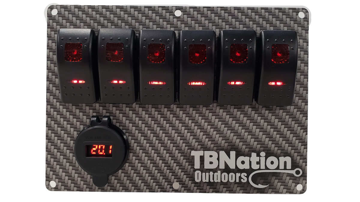 TBNation 6-gang rocker switch panel with carbon fiber hydro-dipped aluminum plate, red LED switches, and voltmeter.