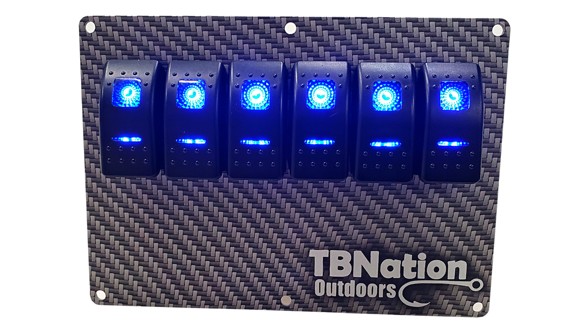 TBNation 6-gang carbon fiber hydro-dipped aluminum rocker switch panel with six illuminated blue switches.