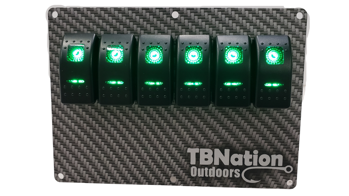 TBNation 6-gang carbon fiber hydro-dipped aluminum switch panel with six illuminated green rocker switches.