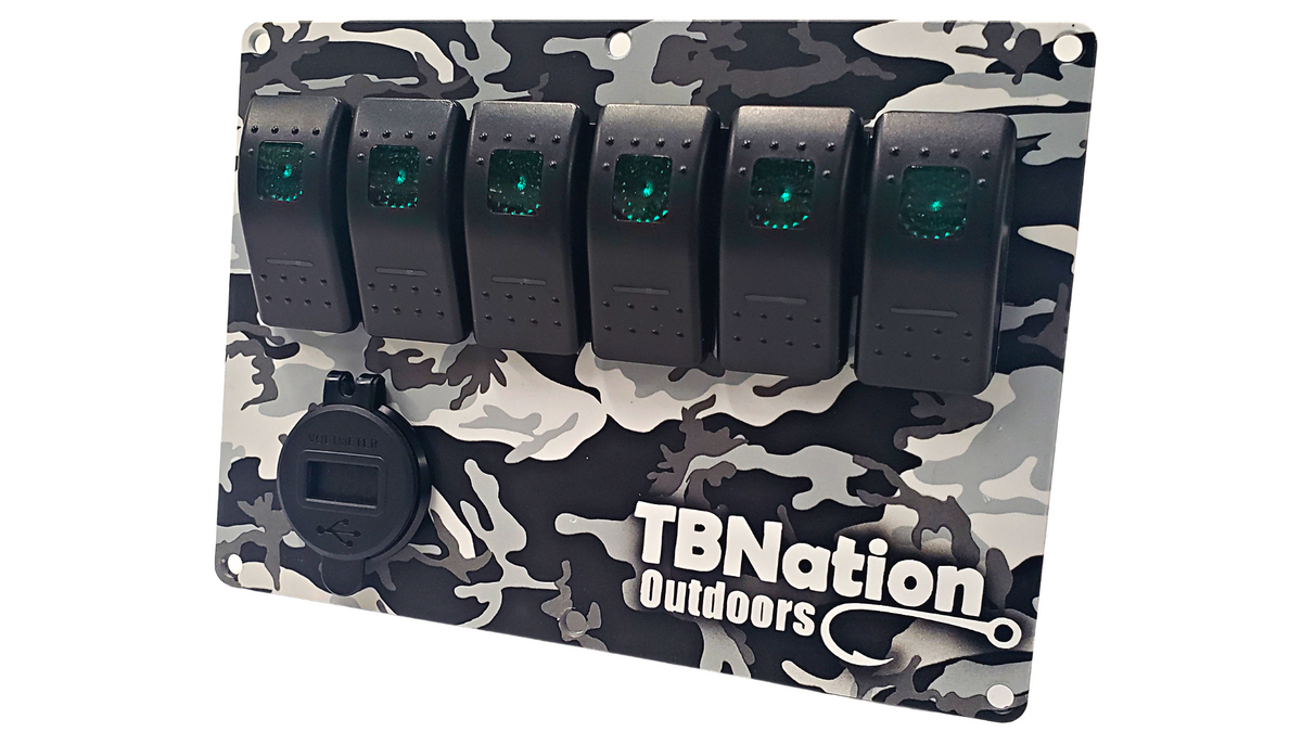 TBNation 6-gang rocker switch panel with black and gray camouflage hydro-dipped aluminum plate and USB port.