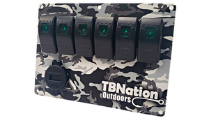 TBNation 6-gang rocker switch panel with black and gray camouflage hydro-dipped aluminum plate and USB port.