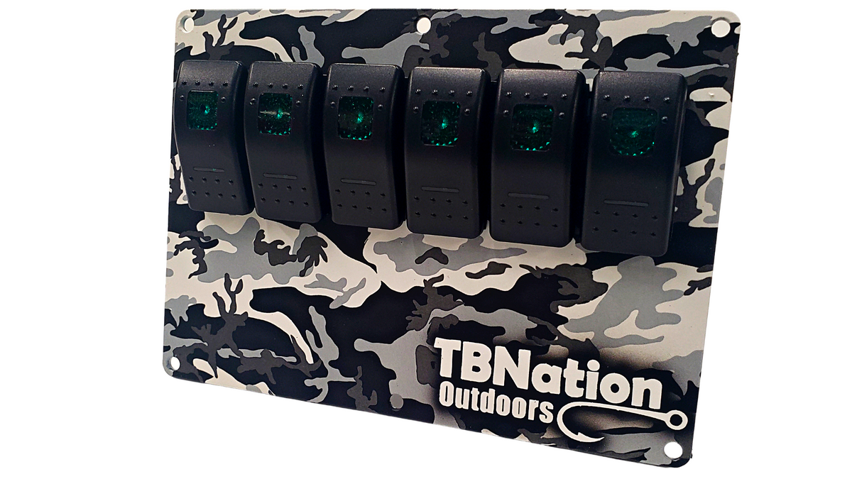 TBNation 6-gang rocker switch panel with black and gray camouflage hydro-dipped aluminum plate and green LED switches.