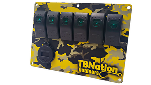 TBNation 6-gang rocker switch panel with yellow and black camouflage hydro-dipped aluminum plate, green LED switches, and USB port.