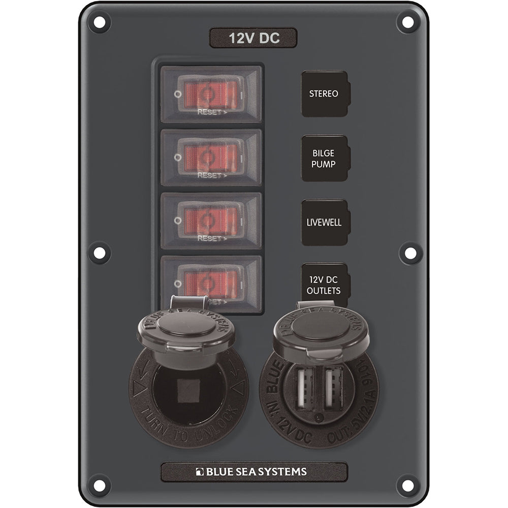 Blue Sea 4321 Circuit Breaker Switch Panel 4 Position - Gray w-12V Socket &amp; Dual USB-Electrical-1-Tiny Boat Nation