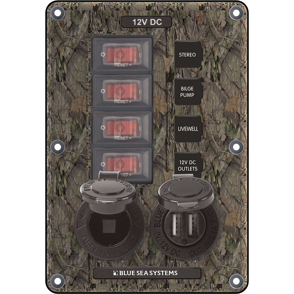 Blue Sea 4324 Circuit Breaker Switch Panel 4 Postion - Camo w-12V Socket & Dual USB-Electrical-1-Tiny Boat Nation