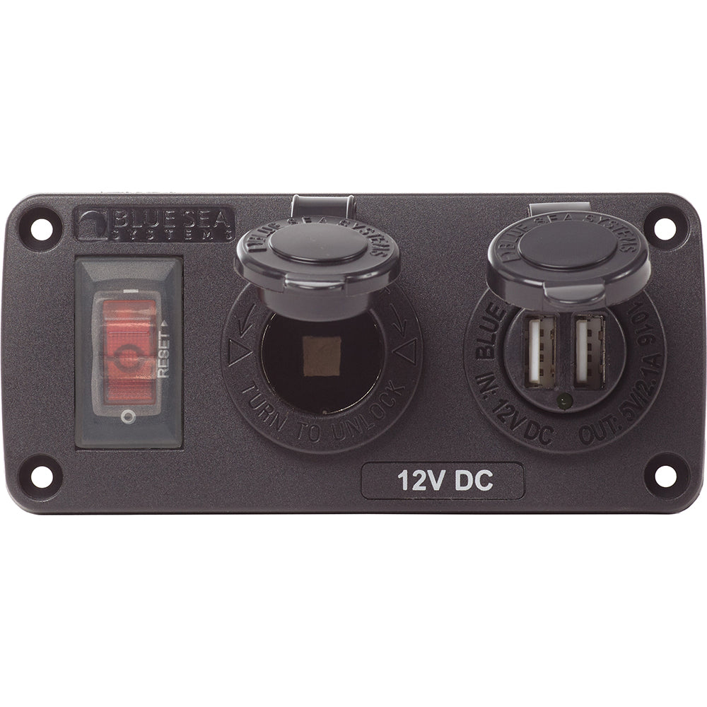 Blue Sea 4363 Water Resistant USB Accessory Panels - 15A Circuit Breaker, 12V Socket, 2.1A Dual USB Charger-Electrical-1-Tiny Boat Nation