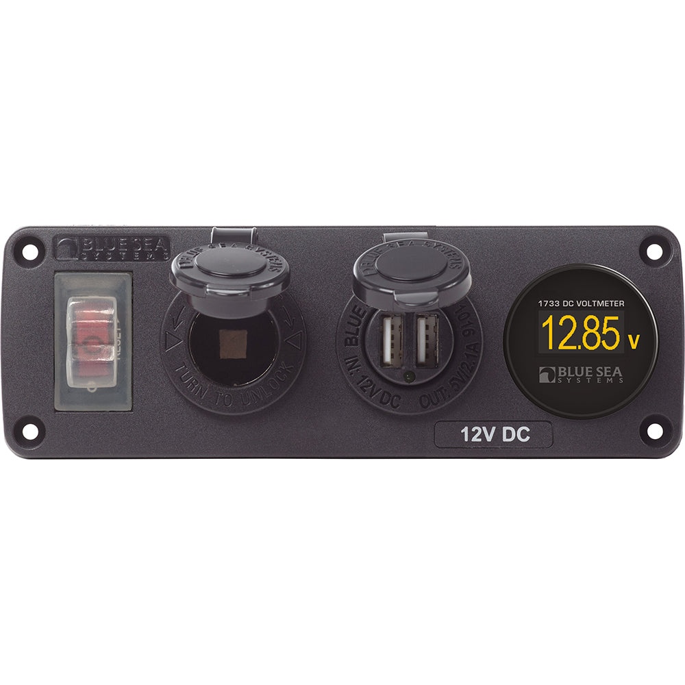 Blue Sea 4366 Water Resistant USB Accessory Panel - Circuit Breaker, 12V Socket, Dual USB Charger, Mini Voltmeter-Electrical-1-Tiny Boat Nation