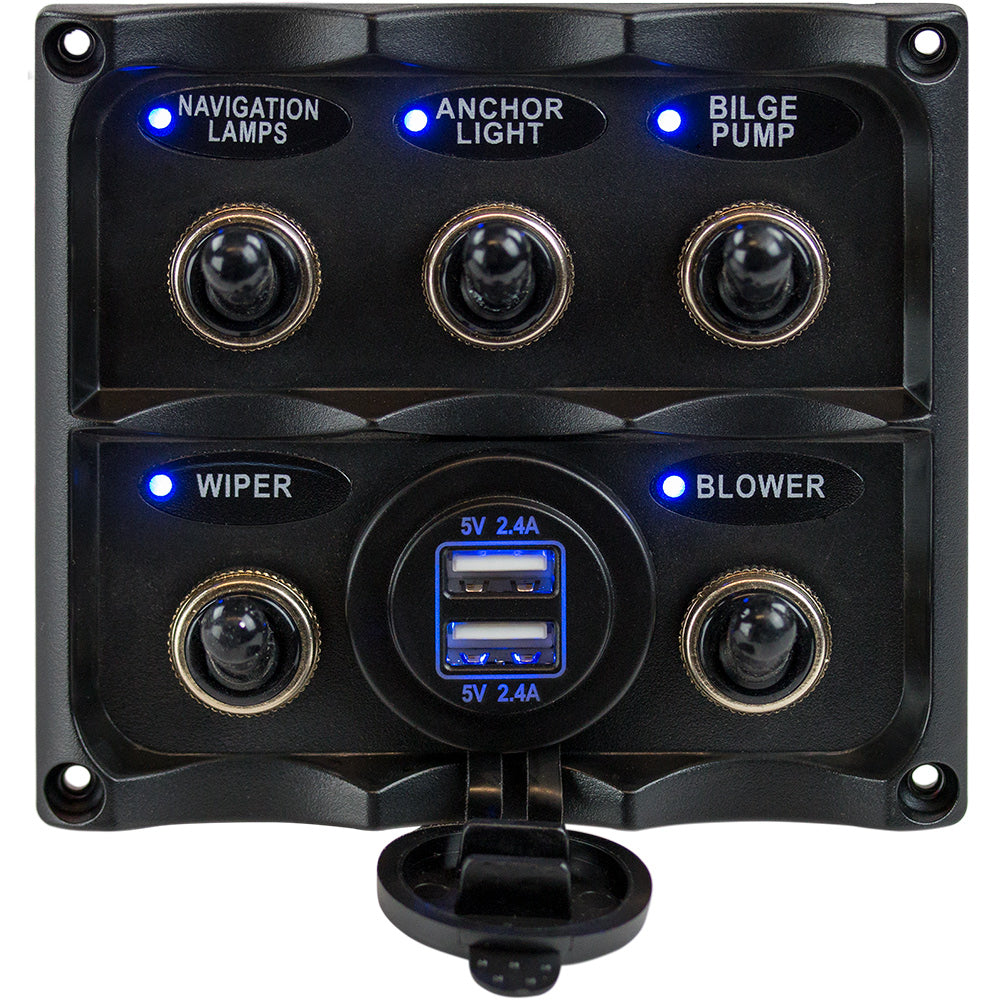 Sea-Dog Water Resistant Toggle Switch Panel w-USB Power Socket - 5 Toggle-Electrical-1-Tiny Boat Nation