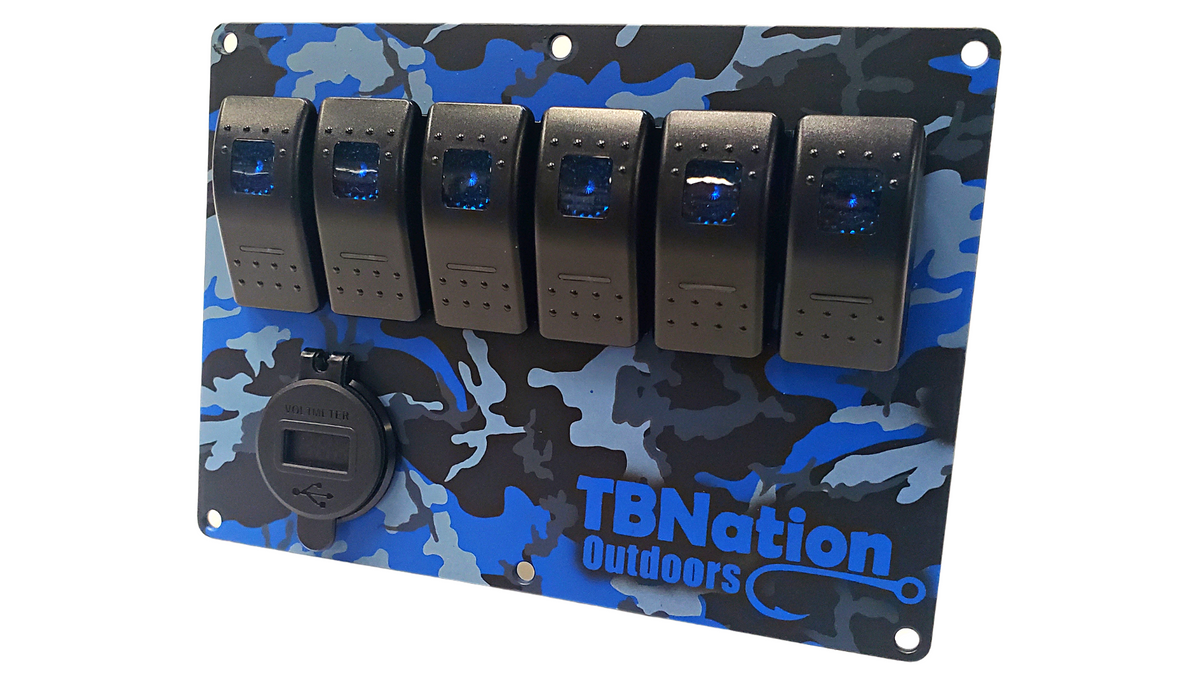 TBNation Switch Panel | Assorted Colors | 6 gang rocker switch panels-Electrical-Blue Camo-Add Voltmeter ($20)-Blue-17-Tiny Boat Nation