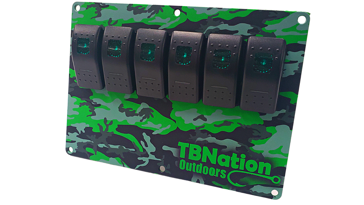 TBNation Switch Panel | Assorted Colors | 6 gang rocker switch panels-Electrical-Lime Green Camo-Standard - No Voltmeter-Red-20-Tiny Boat Nation