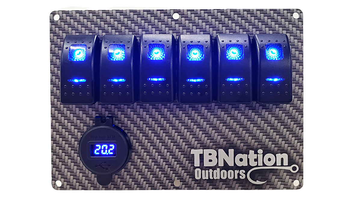 TBNation Switch Panel | Assorted Colors | 6 gang rocker switch panels-Electrical-Silver Carbon Fiber-Add Voltmeter ($20)-Blue-3-Tiny Boat Nation